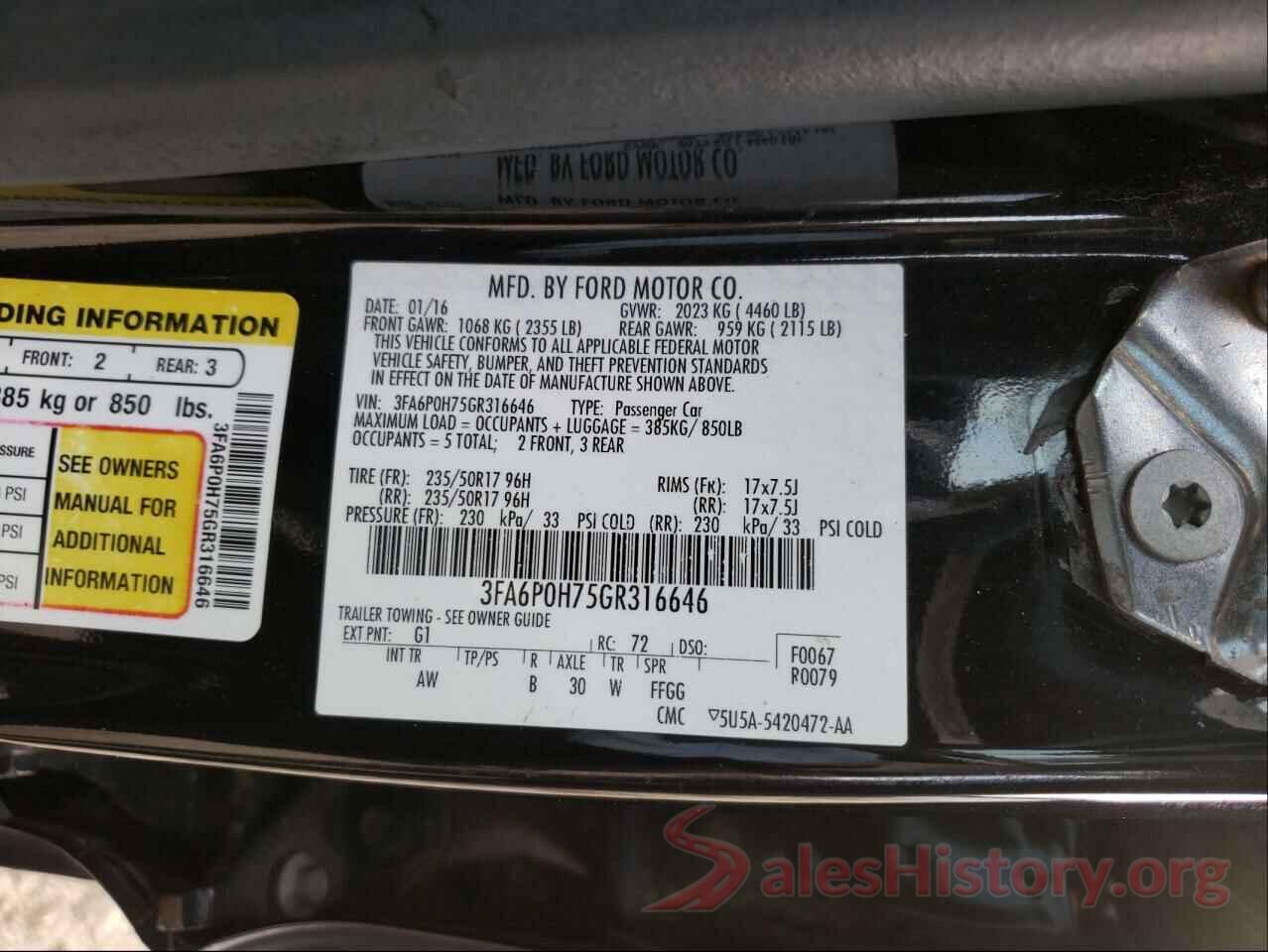 3FA6P0H75GR316646 2016 FORD FUSION