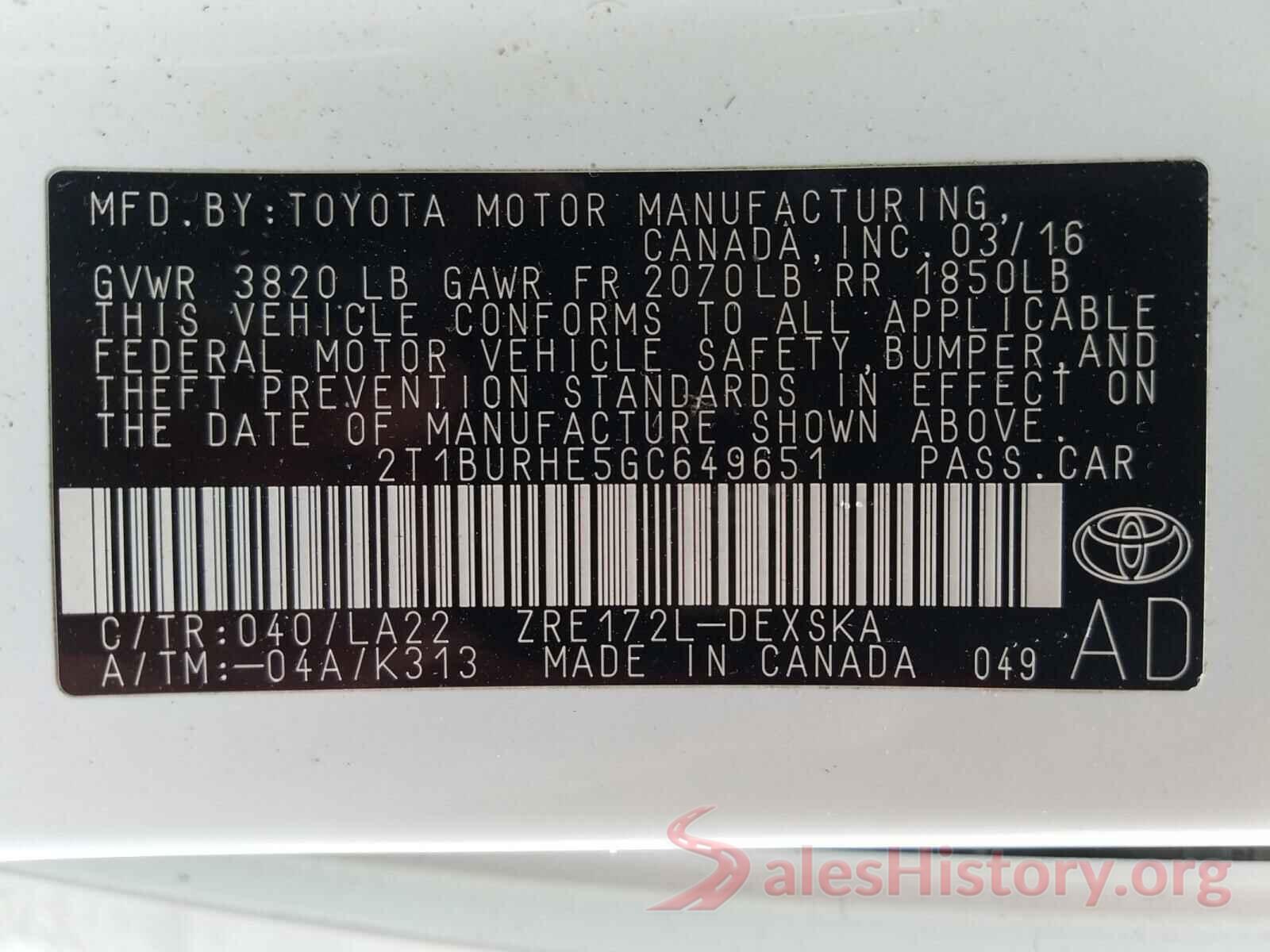 2T1BURHE5GC649651 2016 TOYOTA COROLLA