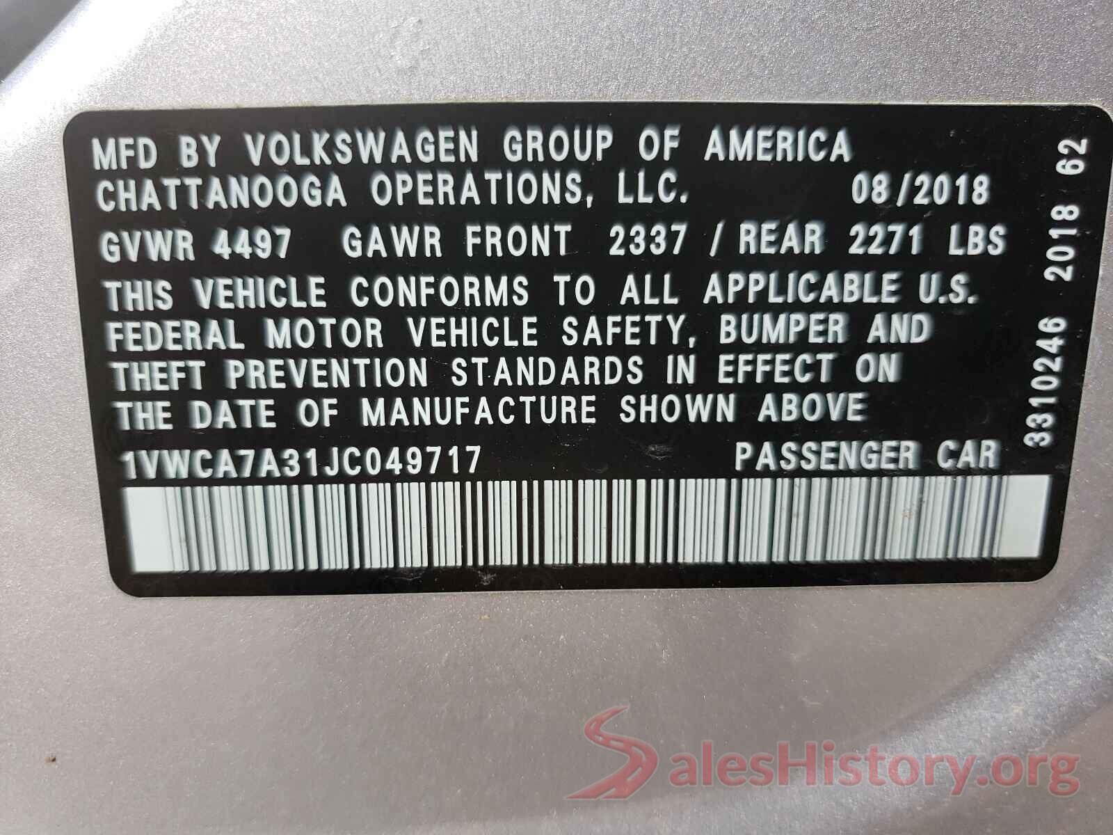 1VWCA7A31JC049717 2018 VOLKSWAGEN PASSAT