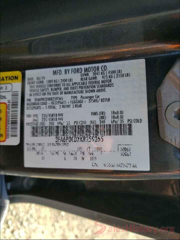 3FA6P0CDXKR259365 2019 FORD FUSION