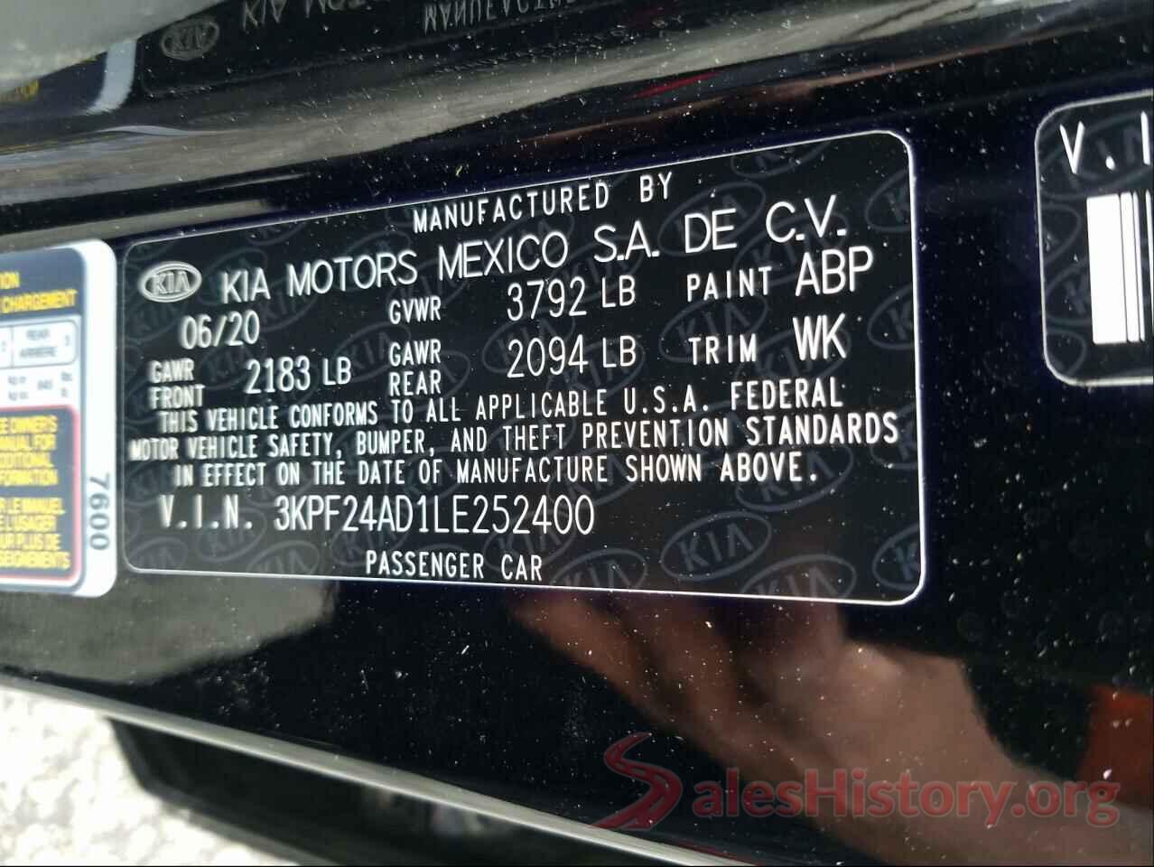 3KPF24AD1LE252400 2020 KIA FORTE