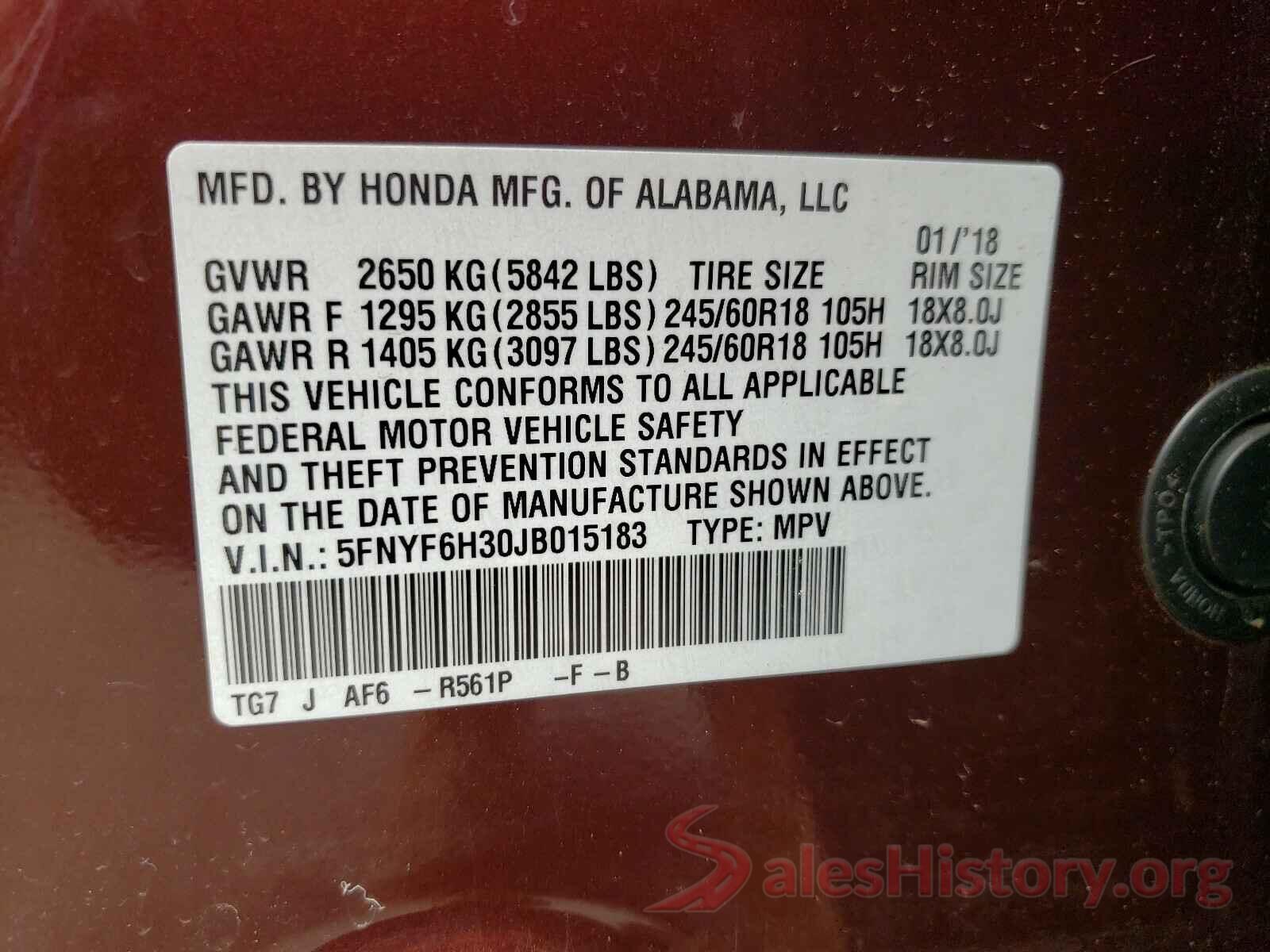 5FNYF6H30JB015183 2018 HONDA PILOT