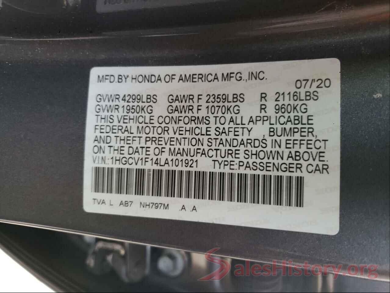 1HGCV1F14LA101921 2020 HONDA ACCORD