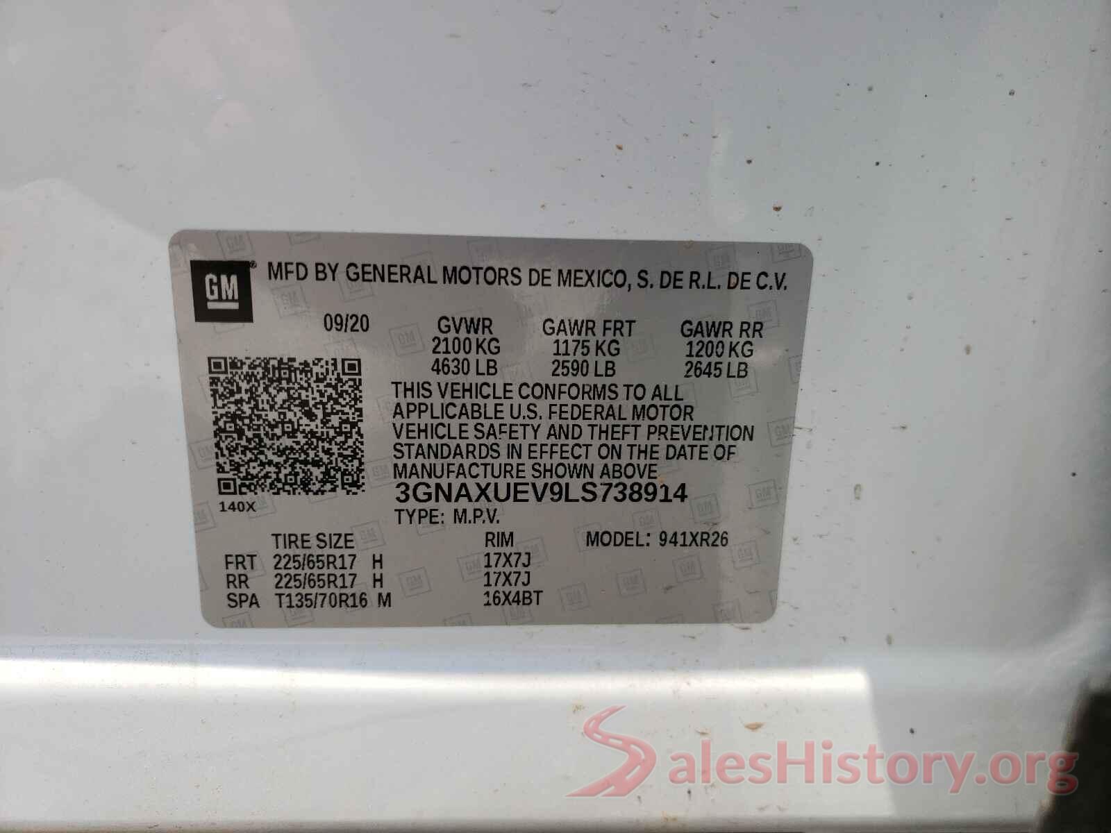 3GNAXUEV9LS738914 2020 CHEVROLET EQUINOX