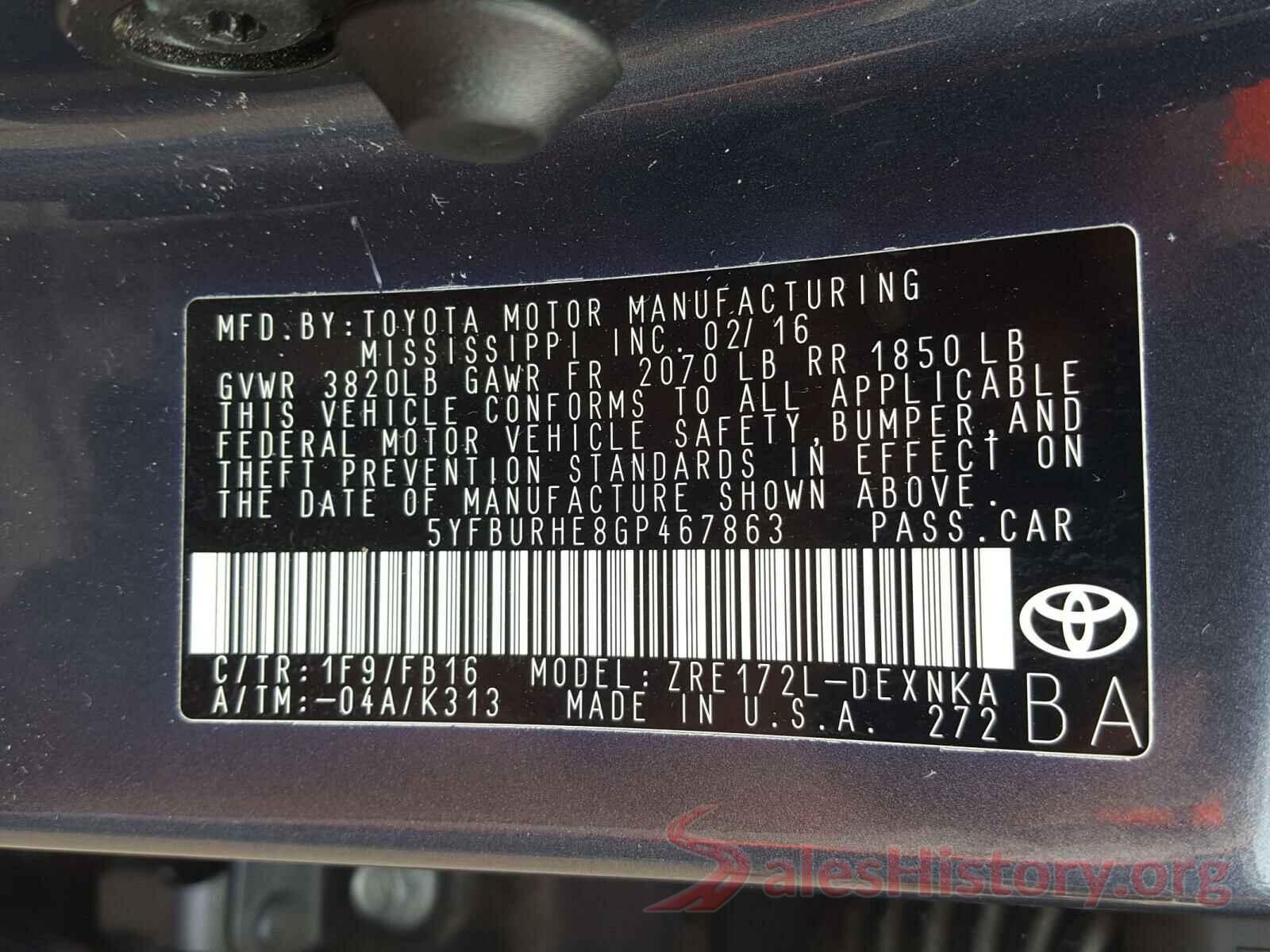 5YFBURHE8GP467863 2016 TOYOTA COROLLA