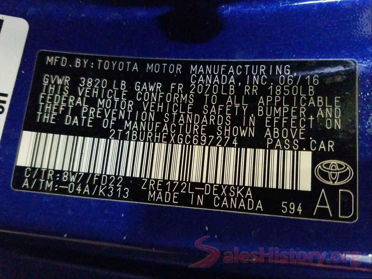 2T1BURHEXGC697274 2016 TOYOTA COROLLA