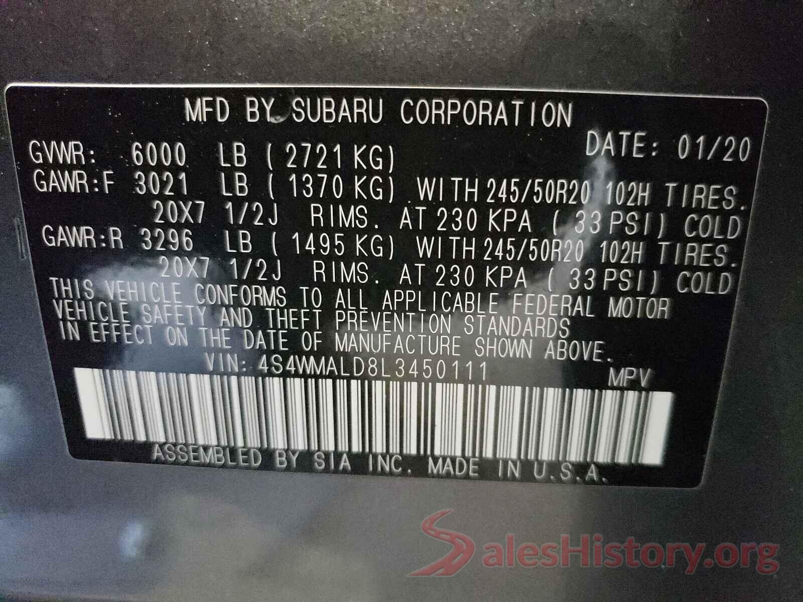 4S4WMALD8L3450111 2020 SUBARU ASCENT