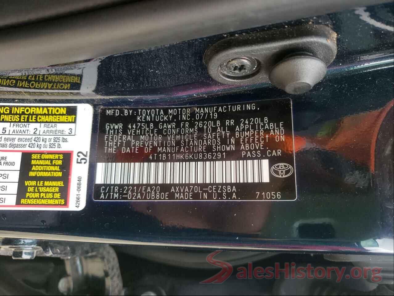 4T1B11HK6KU836291 2019 TOYOTA CAMRY