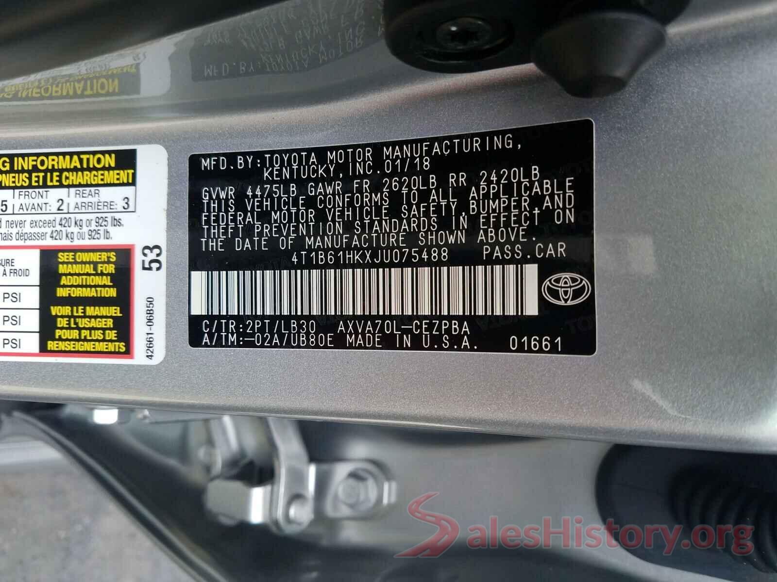 4T1B61HKXJU075488 2018 TOYOTA CAMRY