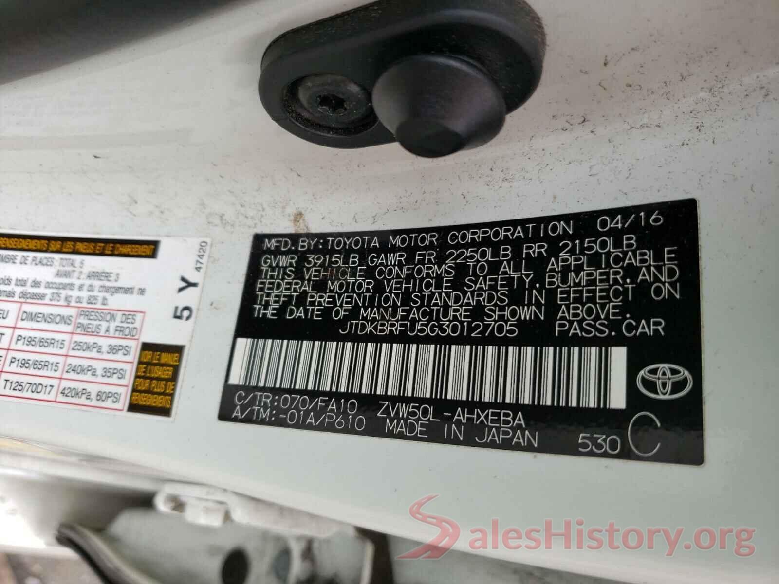 JTDKBRFU5G3012705 2016 TOYOTA PRIUS