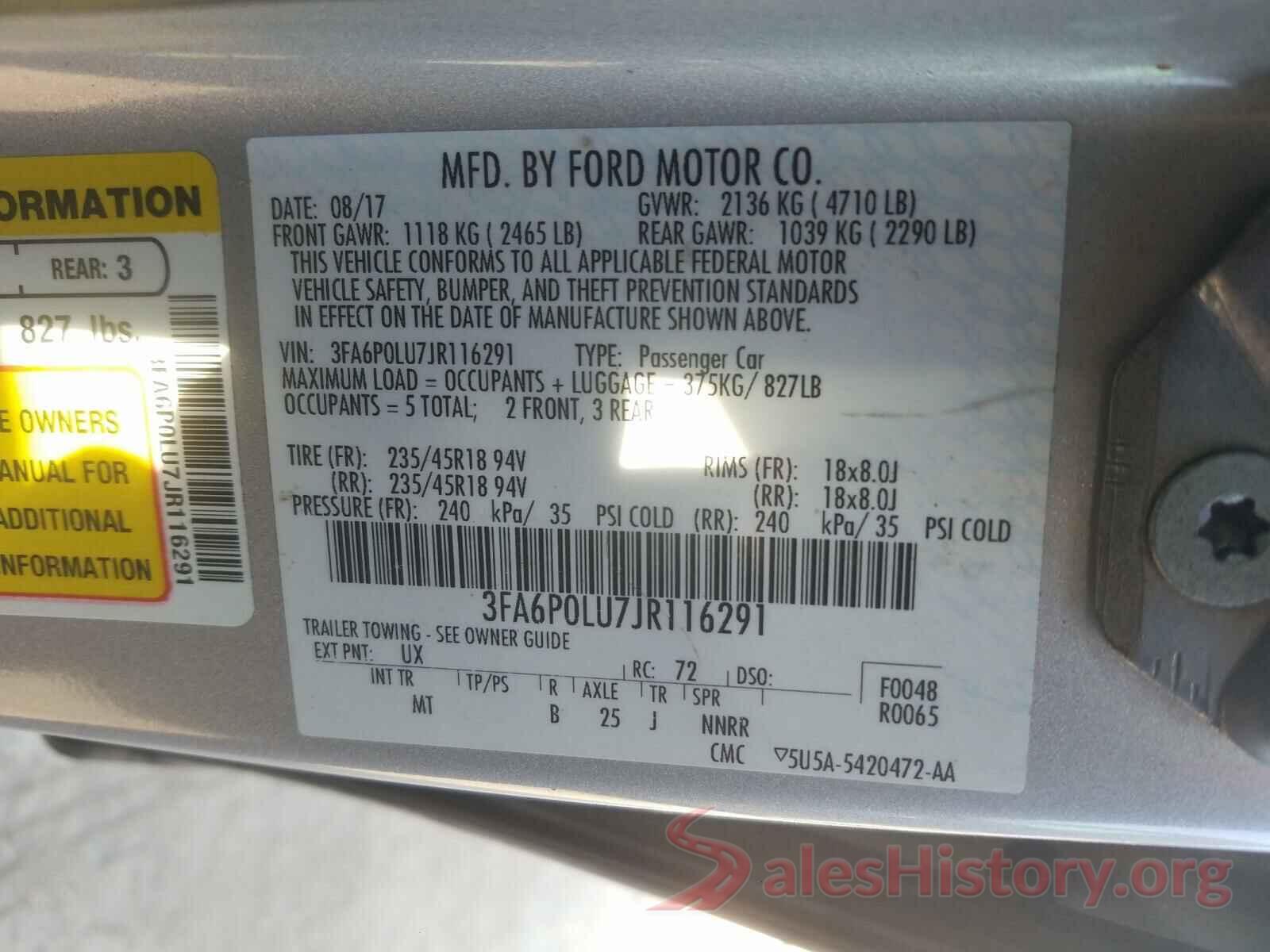 3FA6P0LU7JR116291 2018 FORD FUSION