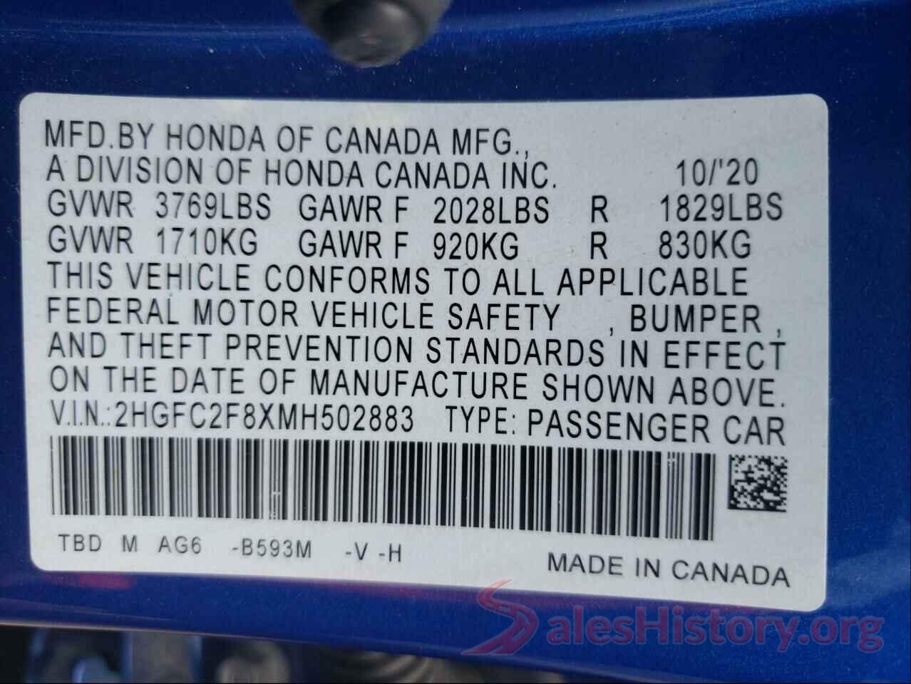 2HGFC2F8XMH502883 2021 HONDA CIVIC