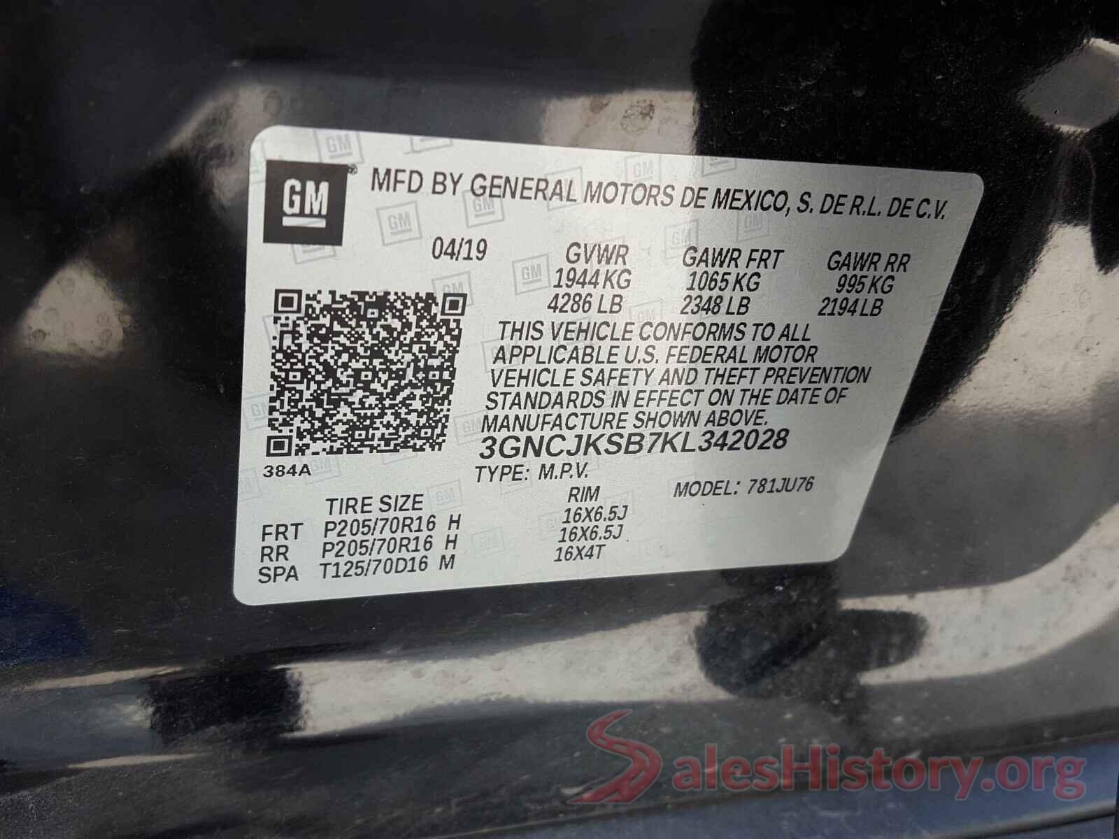 3GNCJKSB7KL342028 2019 CHEVROLET TRAX