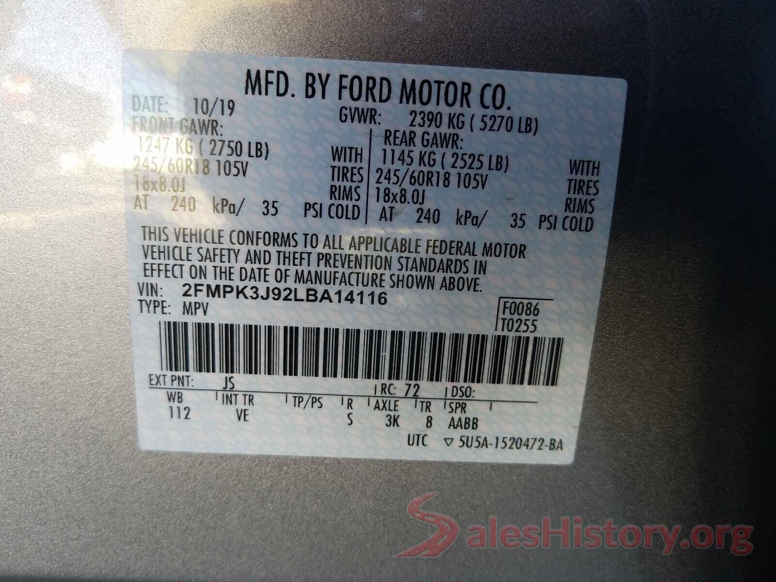 2FMPK3J92LBA14116 2020 FORD EDGE