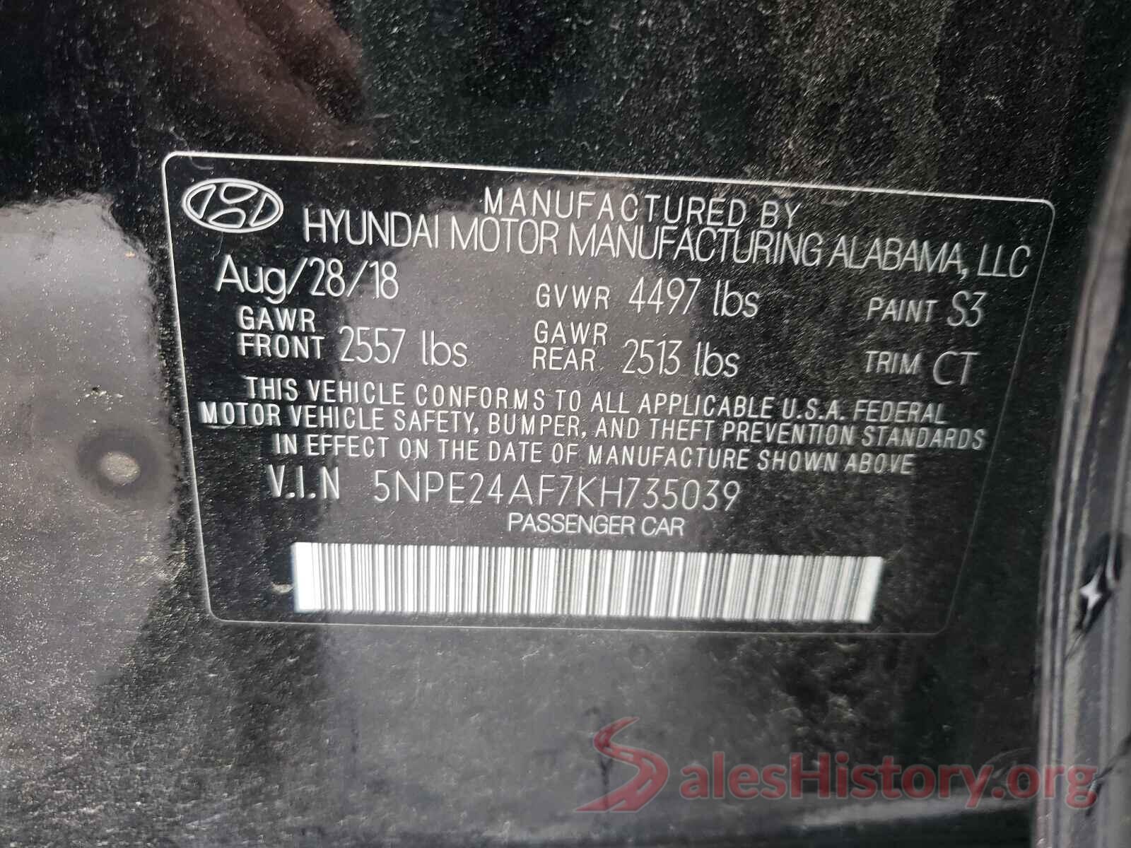 5NPE24AF7KH735039 2019 HYUNDAI SONATA