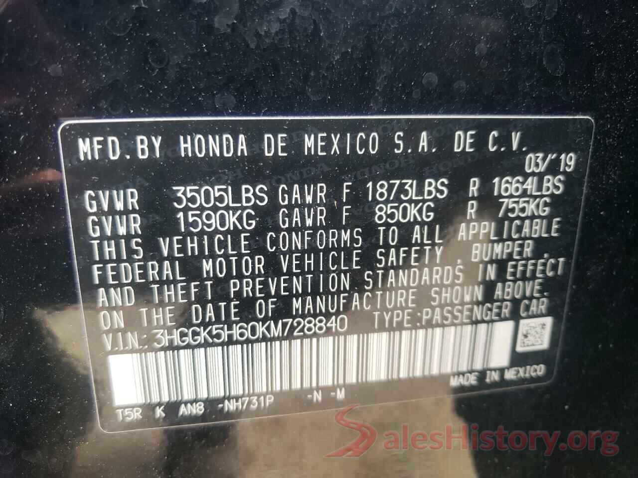 3HGGK5H60KM728840 2019 HONDA FIT