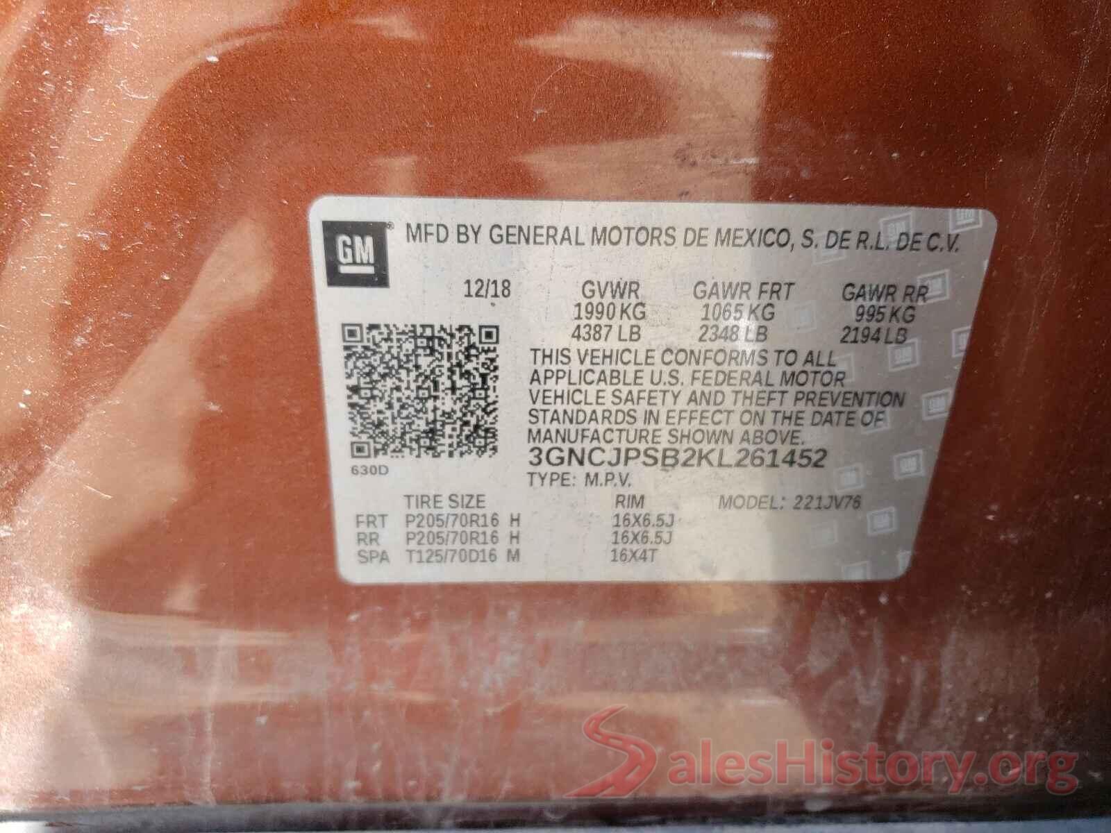 3GNCJPSB2KL261452 2019 CHEVROLET TRAX