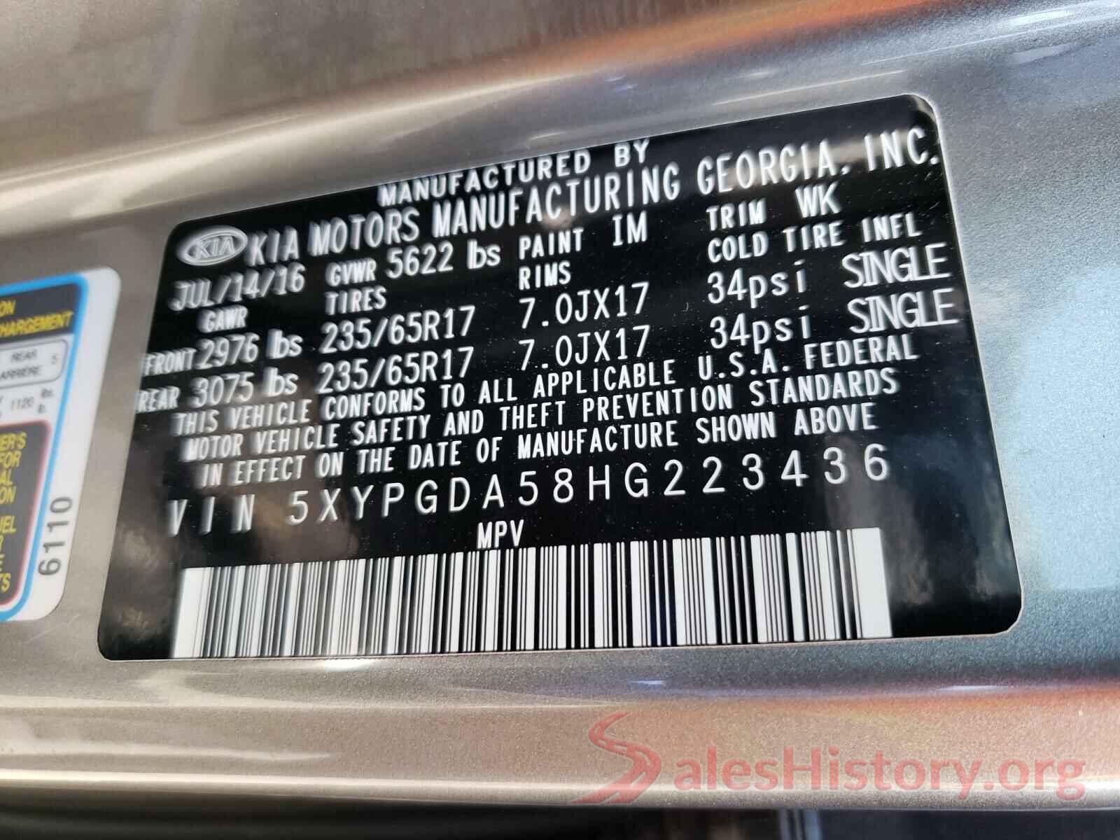 5XYPGDA58HG223436 2017 KIA SORENTO