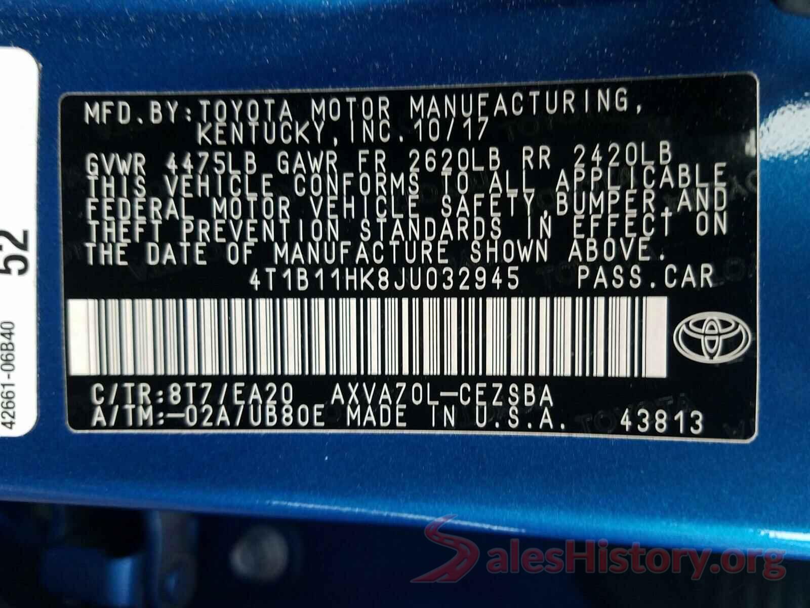 4T1B11HK8JU032945 2018 TOYOTA CAMRY