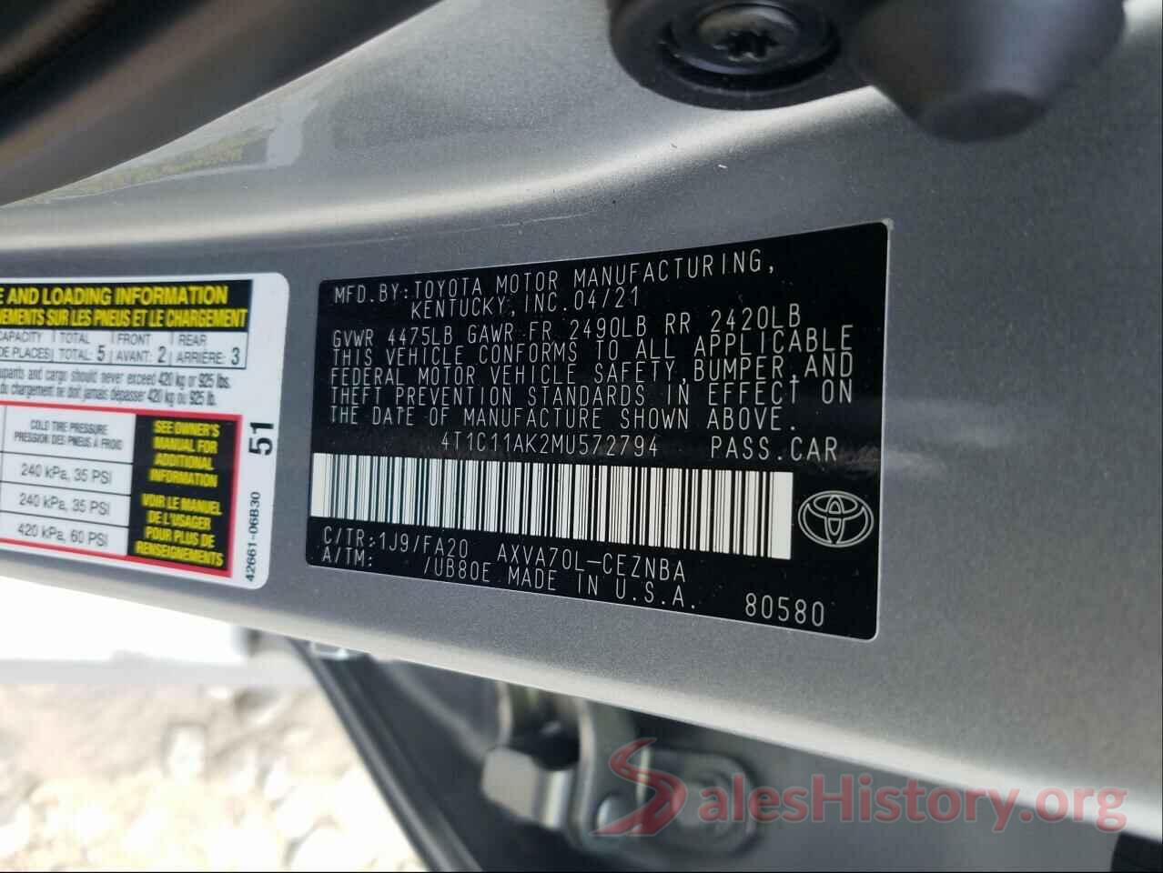 4T1C11AK2MU572794 2021 TOYOTA CAMRY