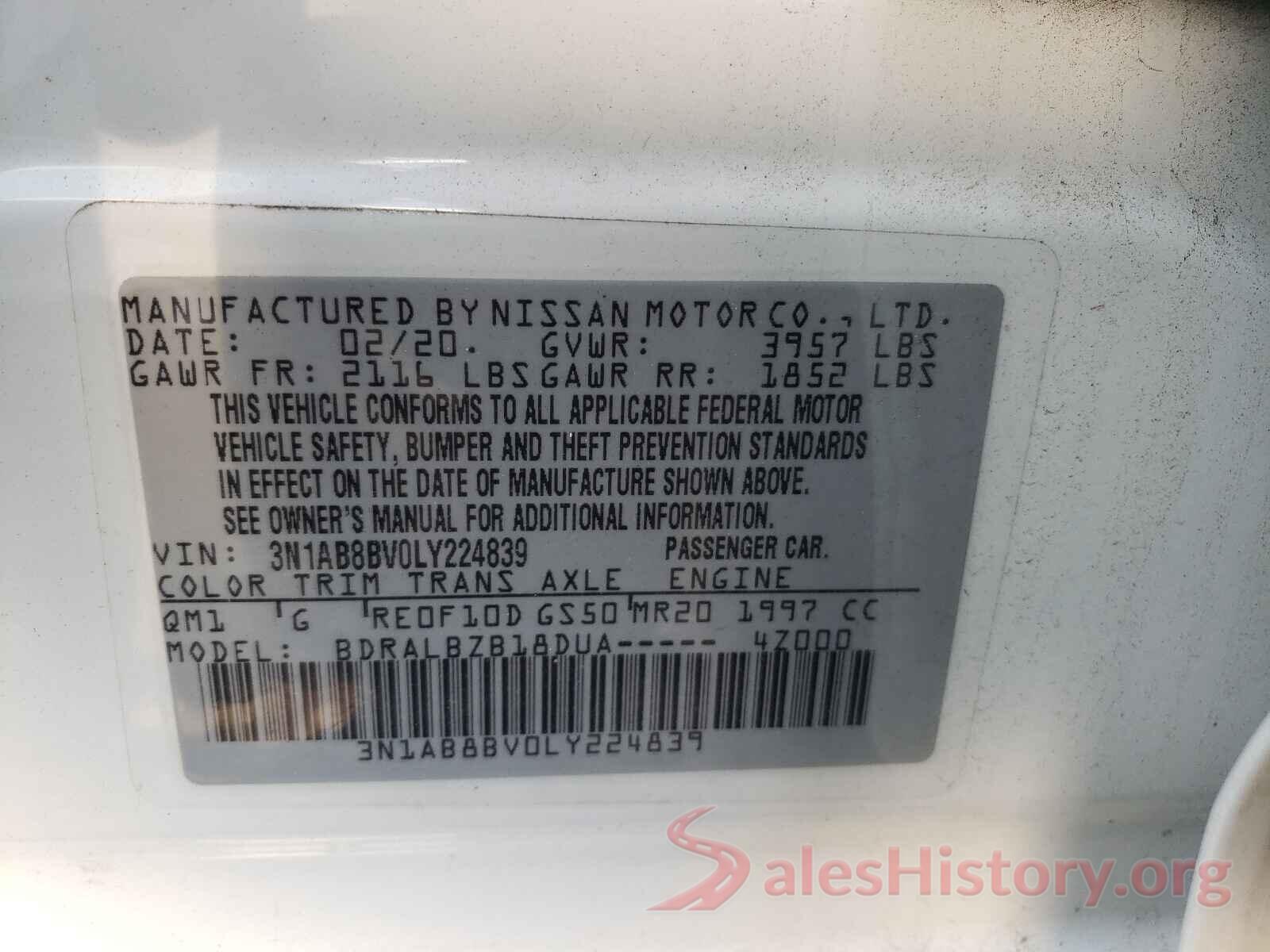 3N1AB8BV0LY224839 2020 NISSAN SENTRA