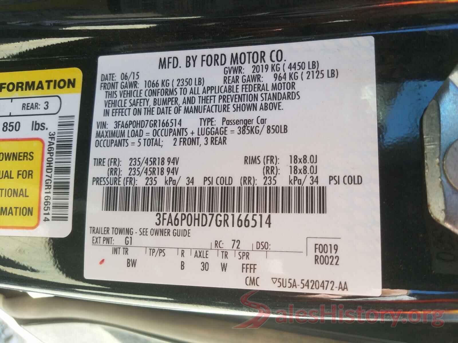 3FA6P0HD7GR166514 2016 FORD FUSION