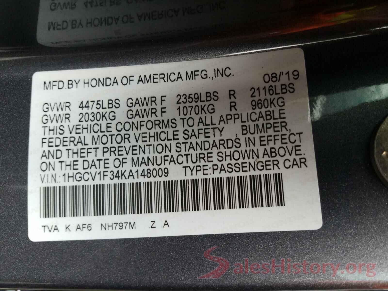 1HGCV1F34KA148009 2019 HONDA ACCORD