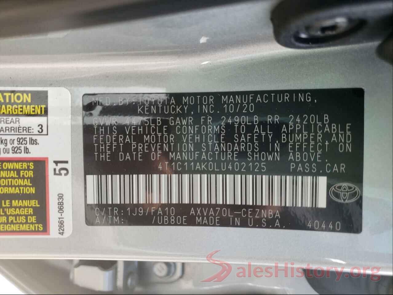 4T1C11AK0LU402125 2020 TOYOTA CAMRY