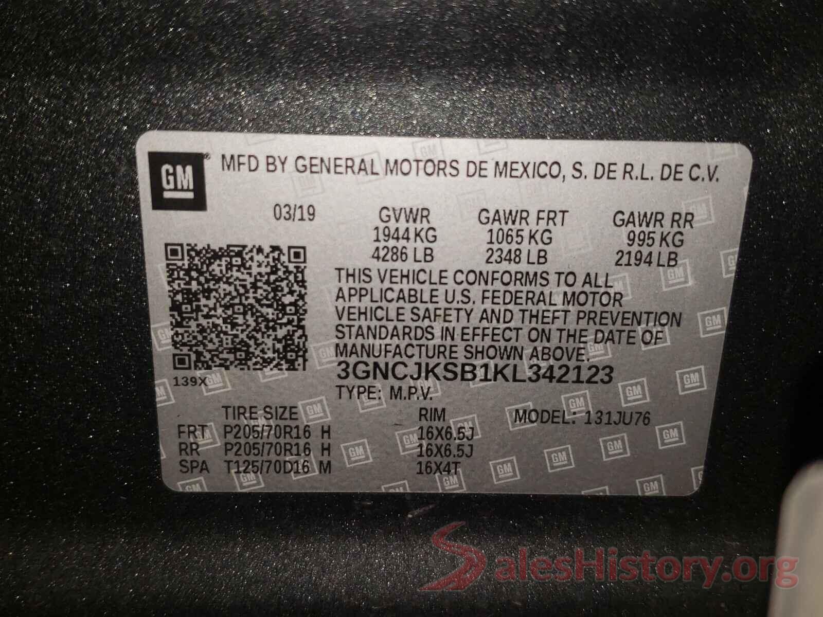 3GNCJKSB1KL342123 2019 CHEVROLET TRAX