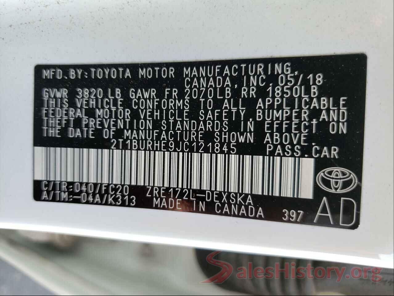 2T1BURHE9JC121845 2018 TOYOTA COROLLA