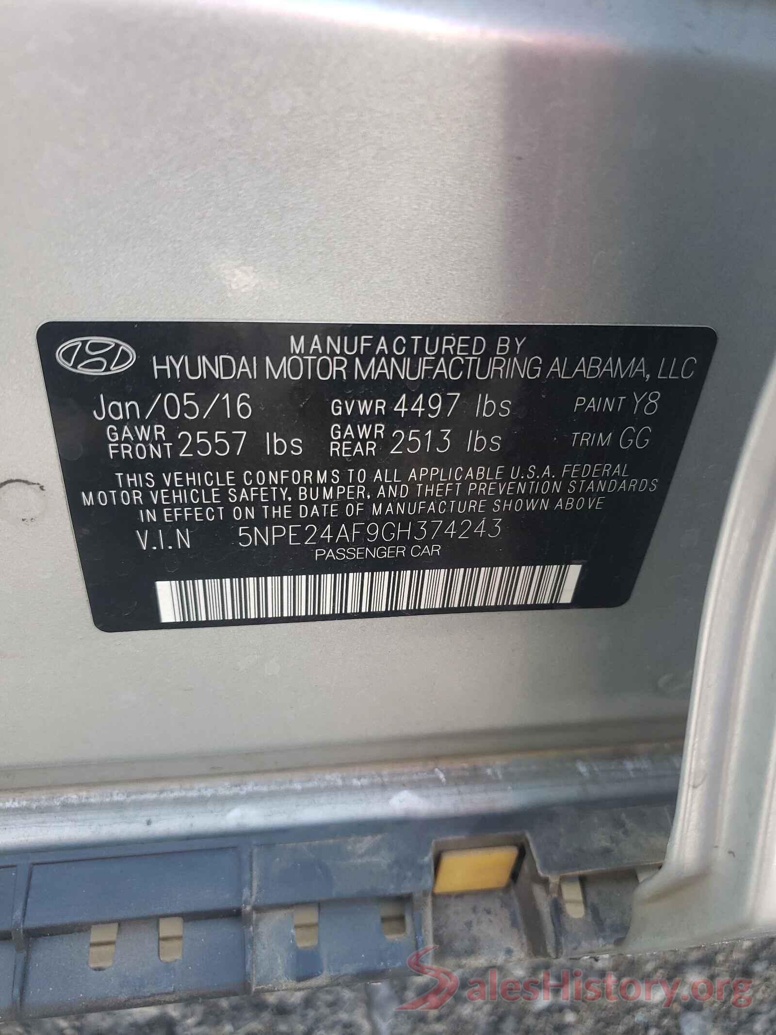 5NPE24AF9GH374243 2016 HYUNDAI SONATA