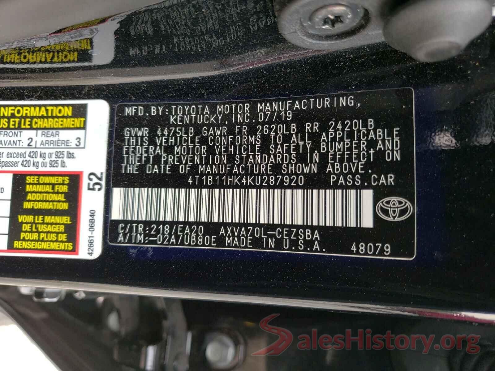 4T1B11HK4KU287920 2019 TOYOTA CAMRY