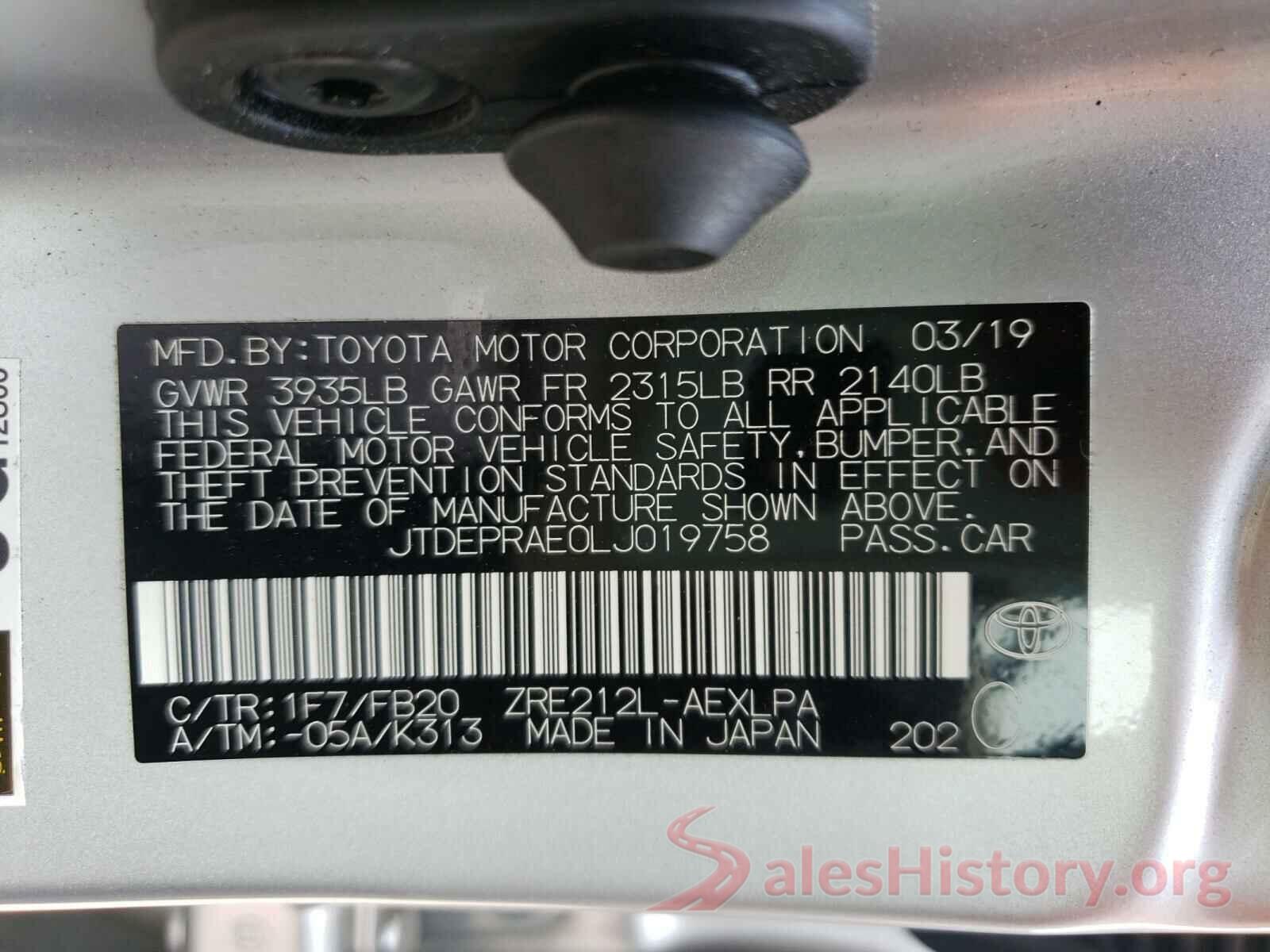 JTDEPRAE0LJ019758 2020 TOYOTA COROLLA