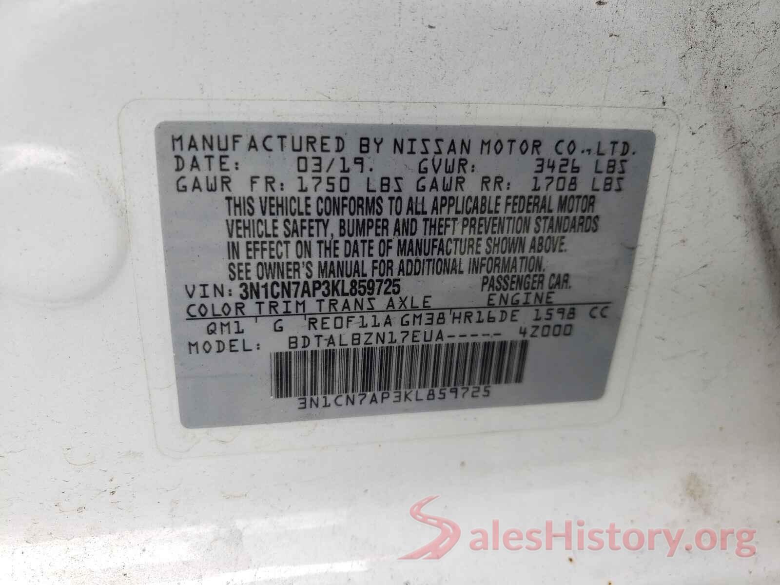 3N1CN7AP3KL859725 2019 NISSAN VERSA