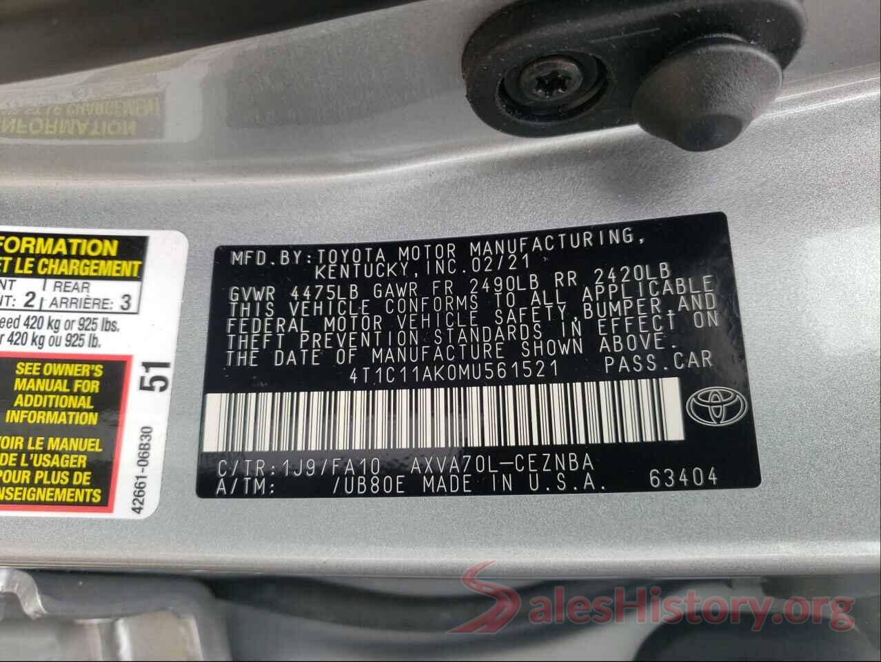 4T1C11AK0MU561521 2021 TOYOTA CAMRY