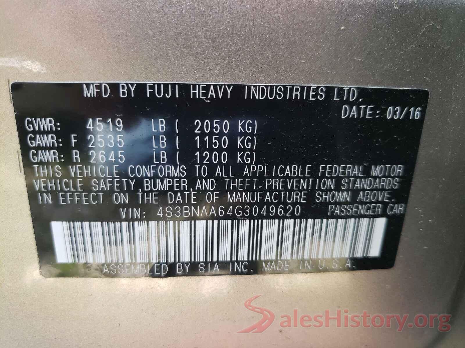 4S3BNAA64G3049620 2016 SUBARU LEGACY