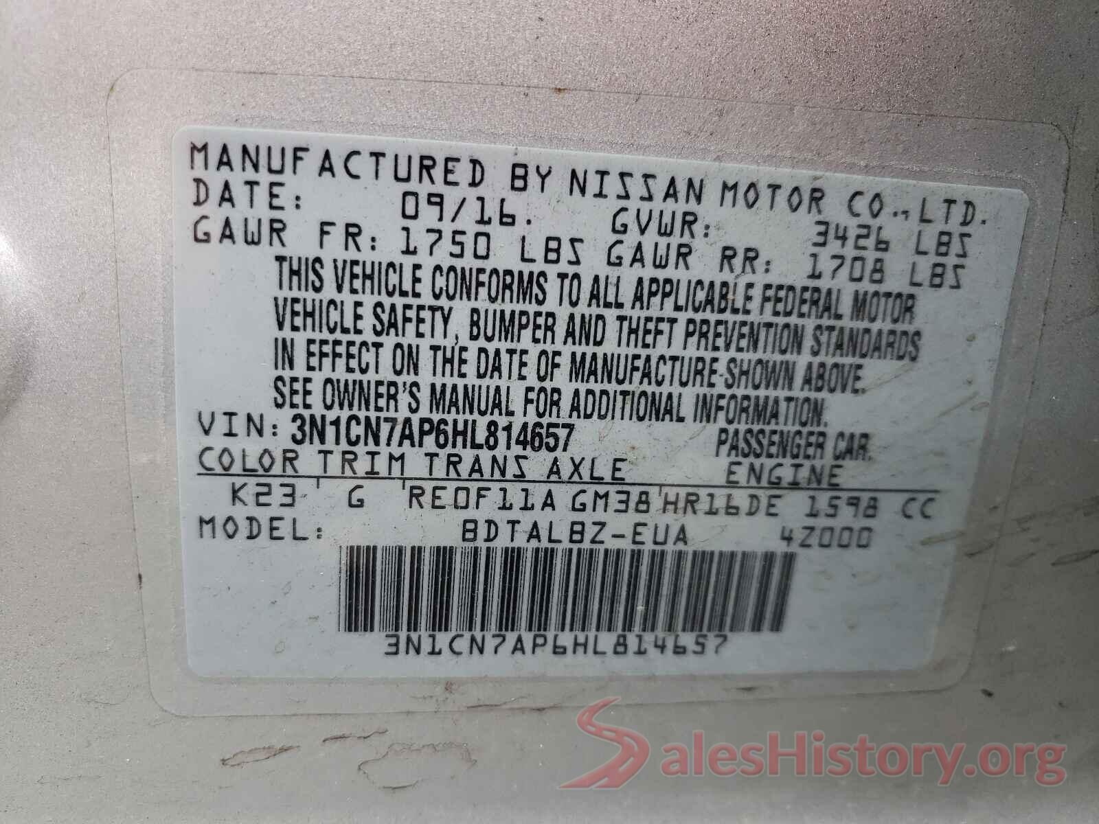 3N1CN7AP6HL814657 2017 NISSAN VERSA