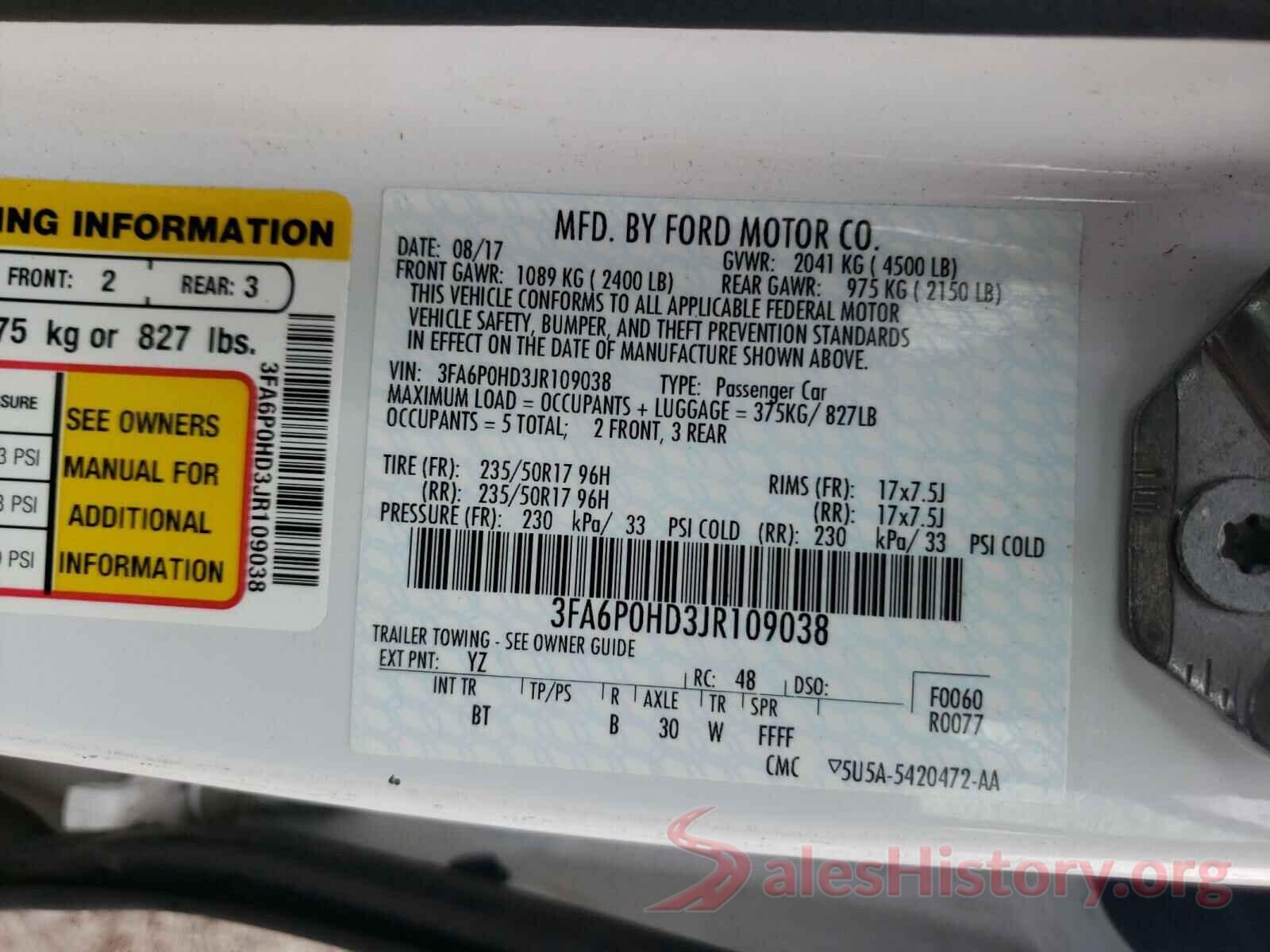 3FA6P0HD3JR109038 2018 FORD FUSION