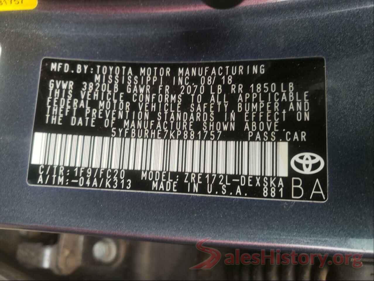 5YFBURHE7KP881757 2019 TOYOTA COROLLA