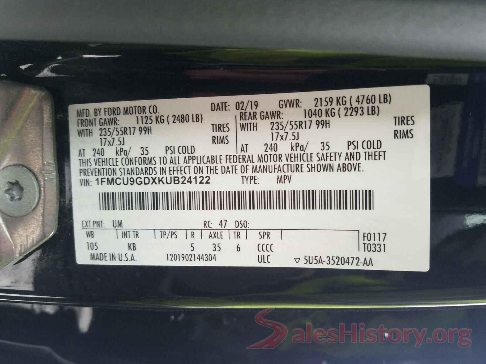 1FMCU9GDXKUB24122 2019 FORD ESCAPE