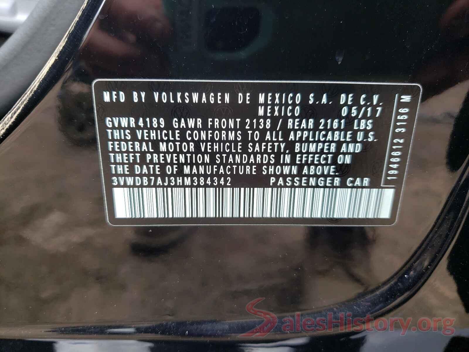 3VWDB7AJ3HM384342 2017 VOLKSWAGEN JETTA