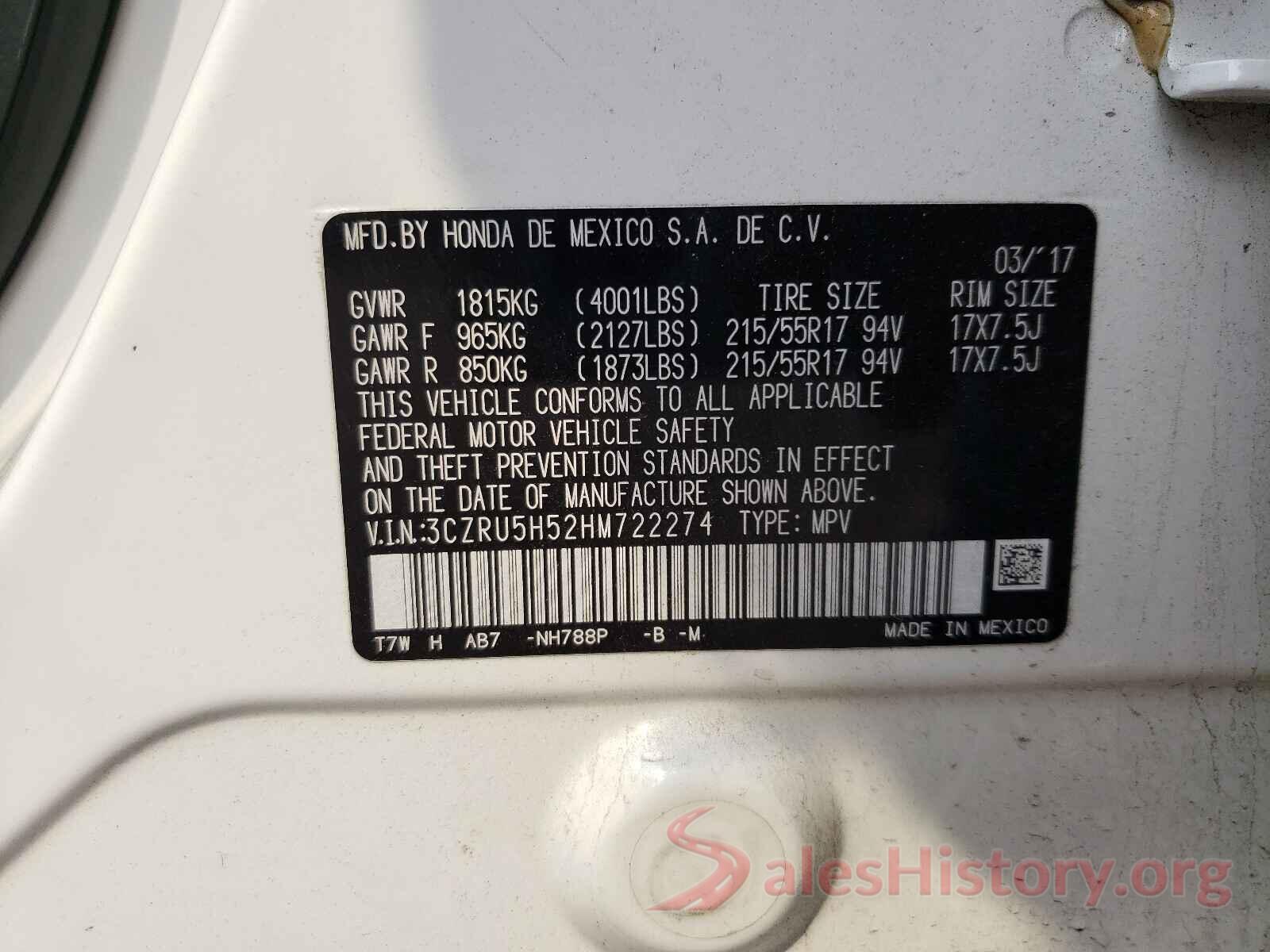 3CZRU5H52HM722274 2017 HONDA HR-V