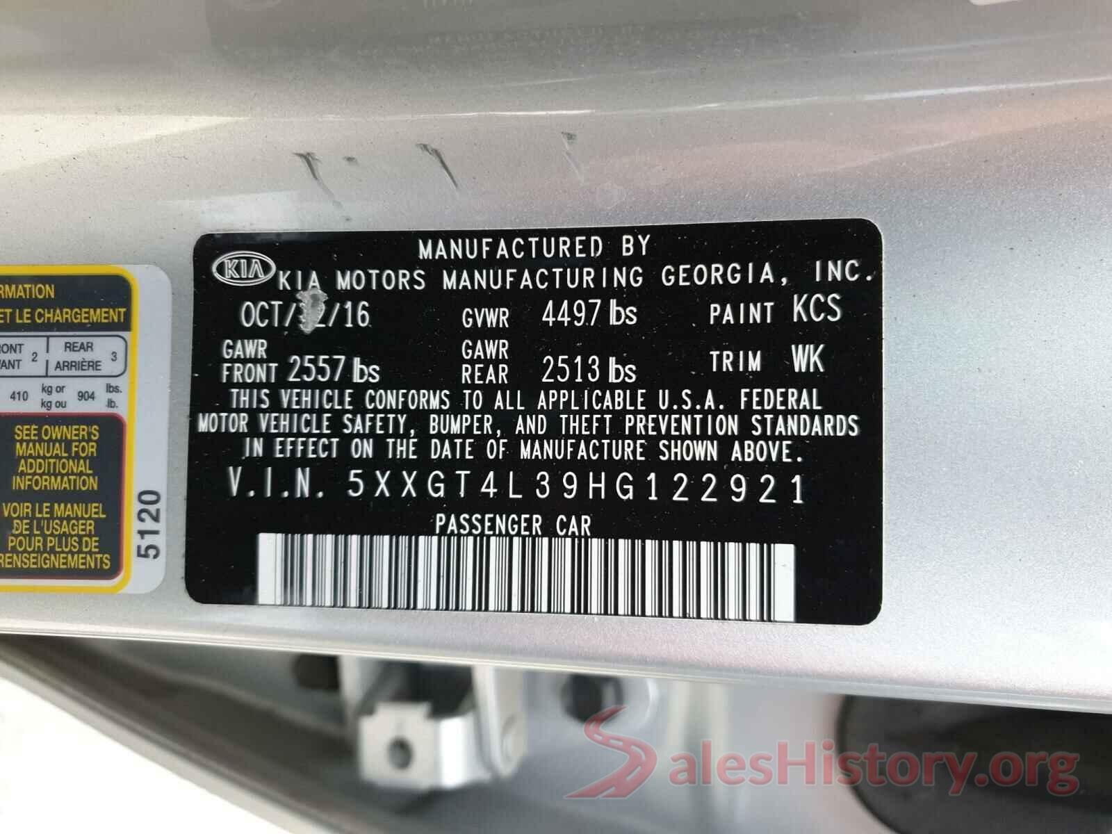 5XXGT4L39HG122921 2017 KIA OPTIMA