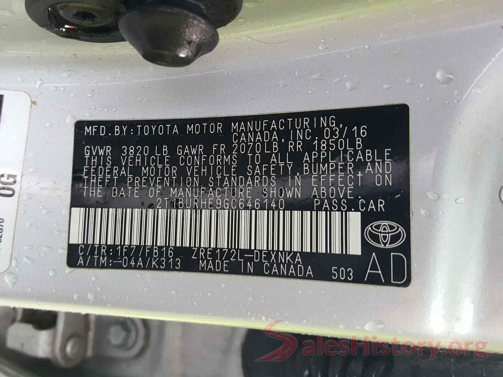 2T1BURHE9GC646140 2016 TOYOTA COROLLA