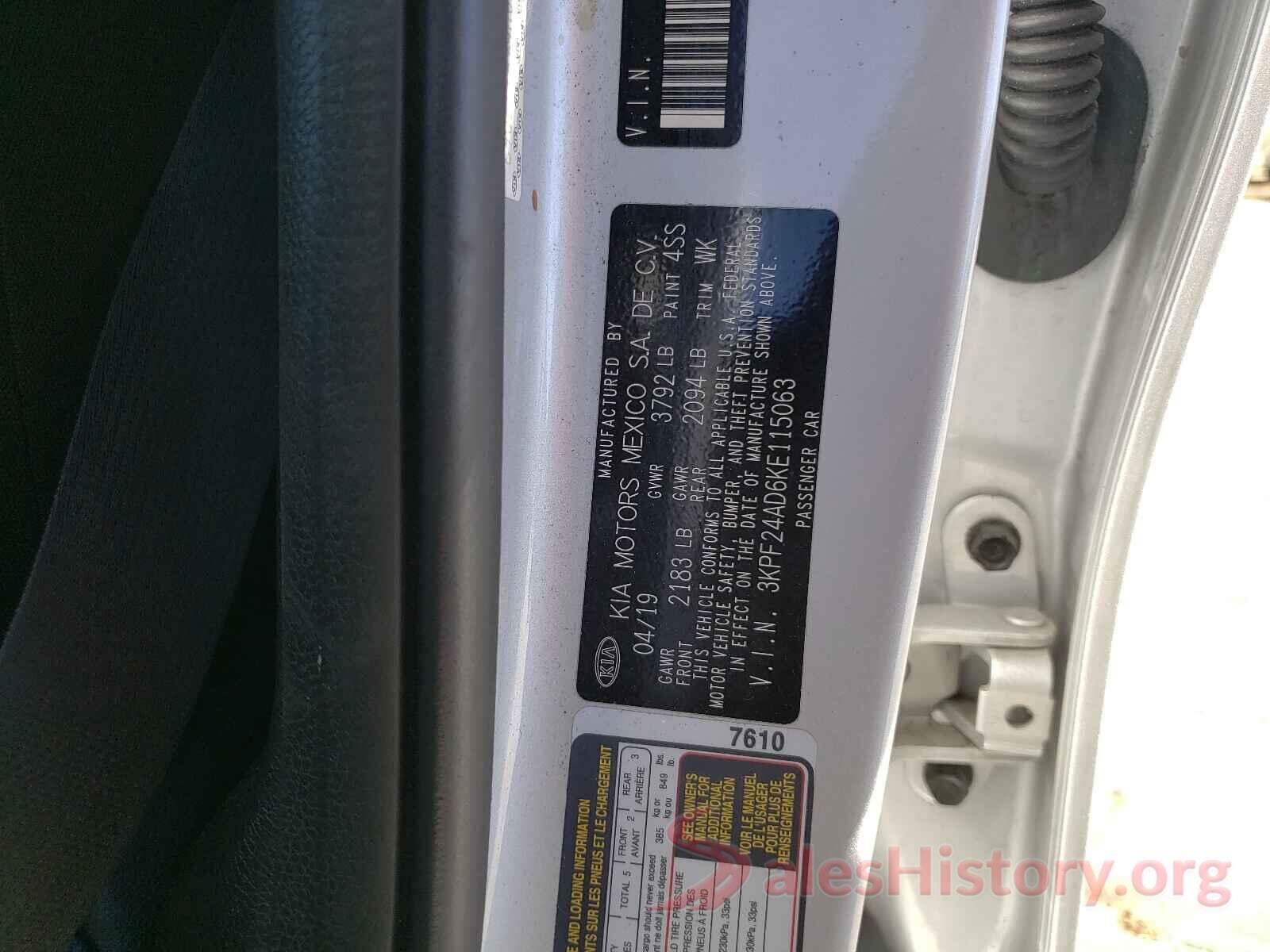 3KPF24AD6KE115063 2019 KIA FORTE