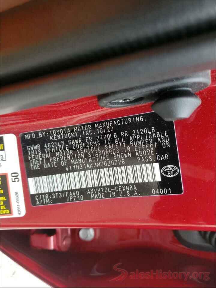 4T1H31AK2MU020728 2021 TOYOTA CAMRY