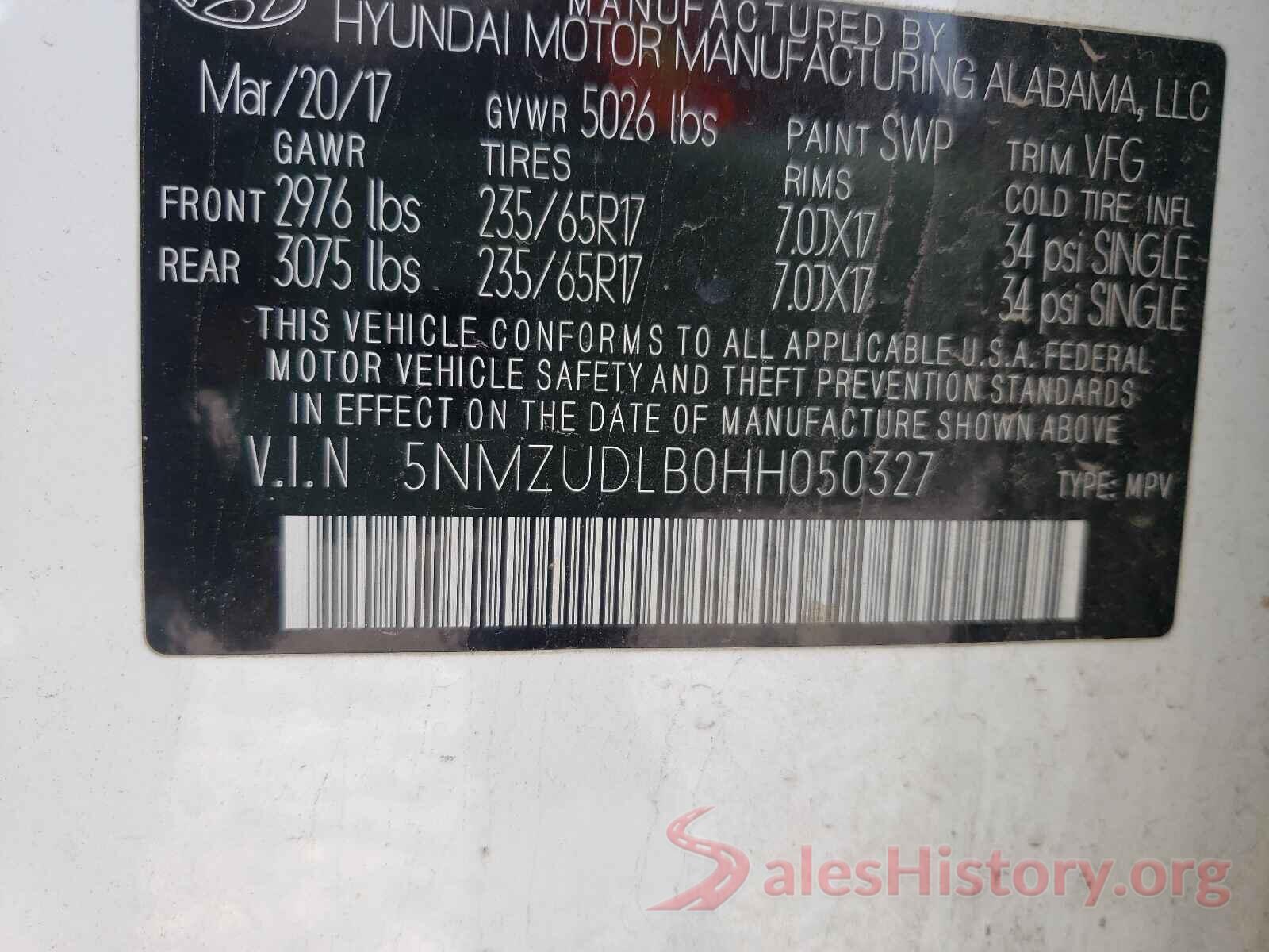 5NMZUDLB0HH050327 2017 HYUNDAI SANTA FE