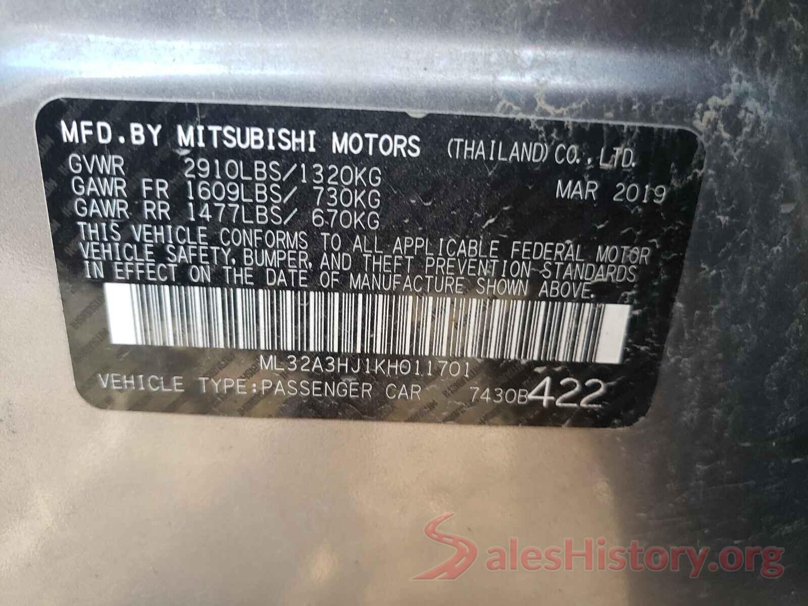 ML32A3HJ1KH011701 2019 MITSUBISHI MIRAGE