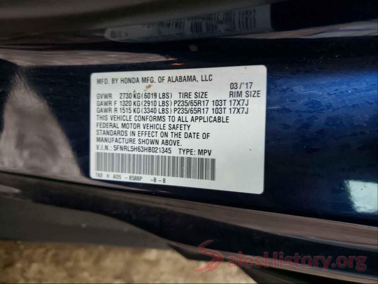 5FNRL5H63HB021345 2017 HONDA ODYSSEY