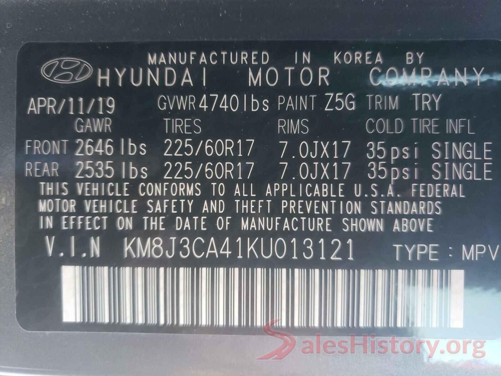 KM8J3CA41KU013121 2019 HYUNDAI TUCSON